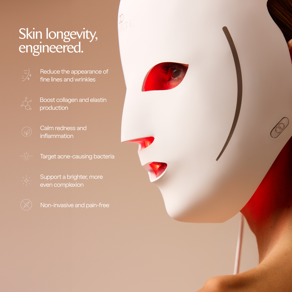 Close-up of LumaLux Face V2 beside an infographic listing skincare benefits