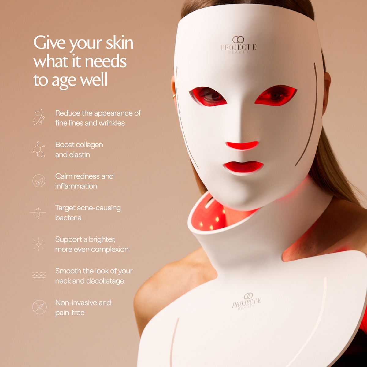 Mujer con LumaLux Face+ V2 junto a una infografía de beneficios para la piel