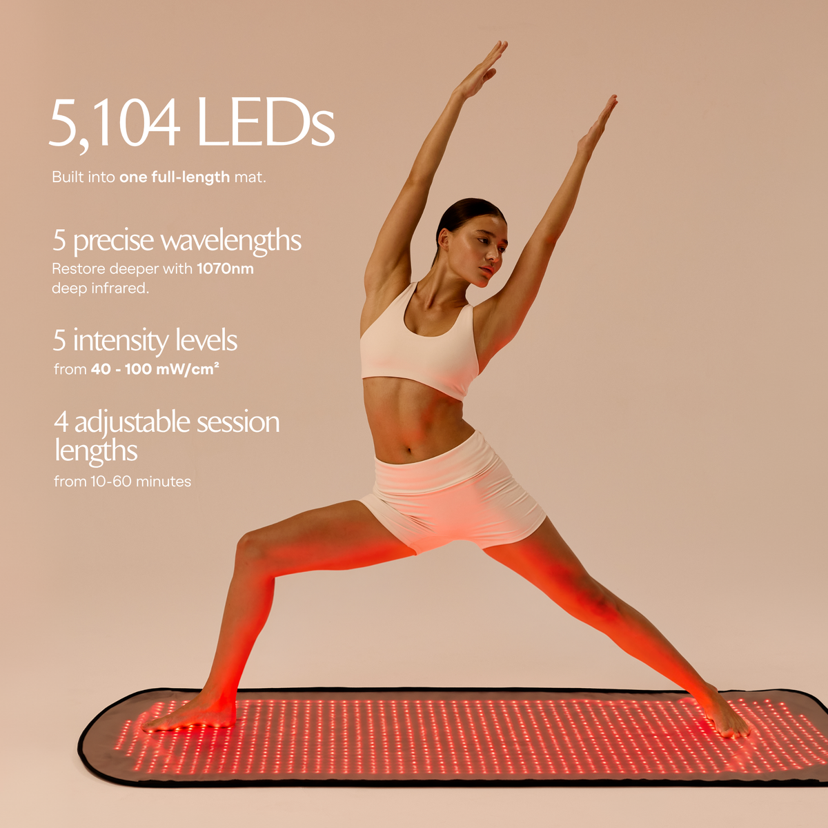 Mujer en postura de yoga sobre Restora junto a una infografía de número de LED y ajustes