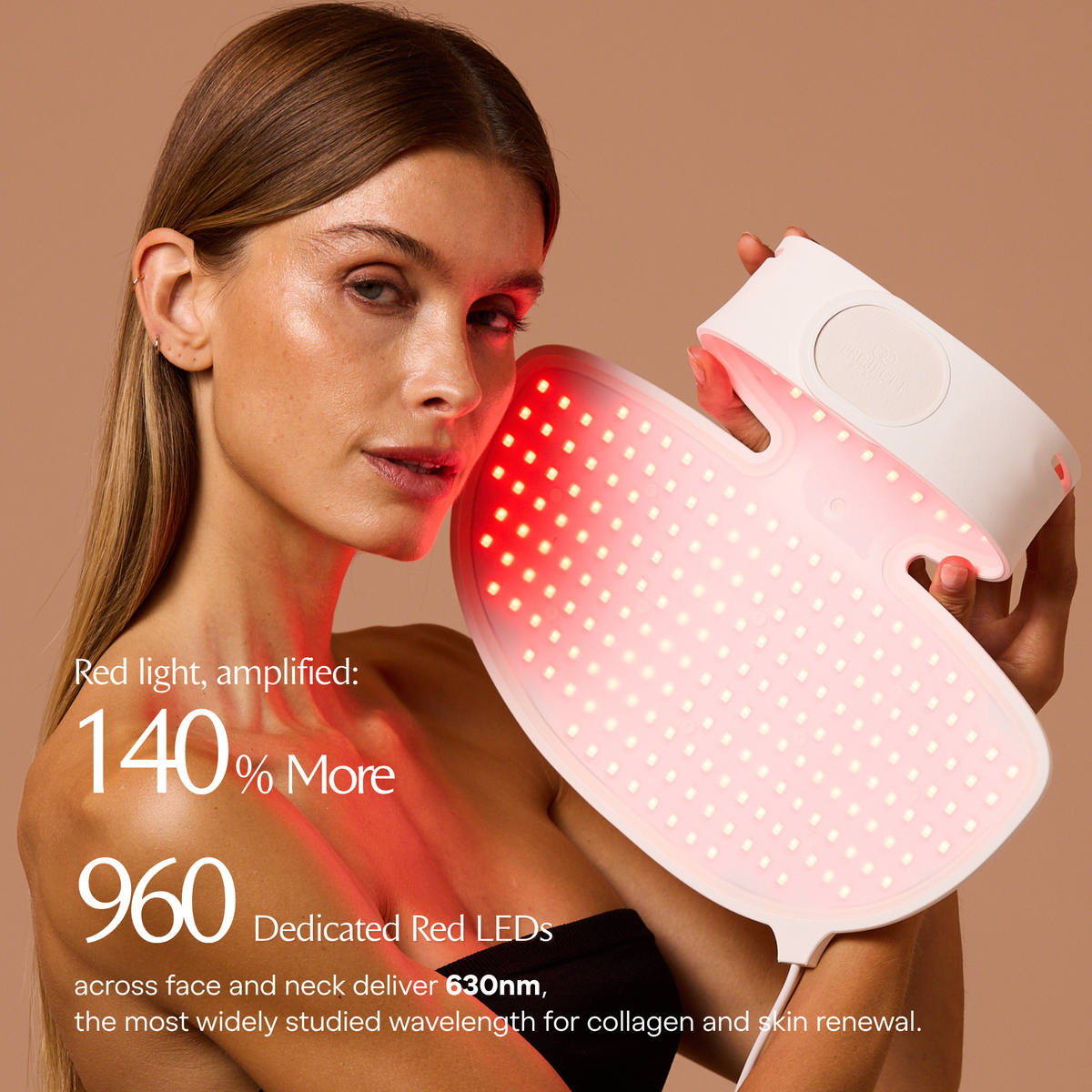 Mujer con los paneles LumaLux Face+ V2 encendidos junto a una infografía de los LED rojos